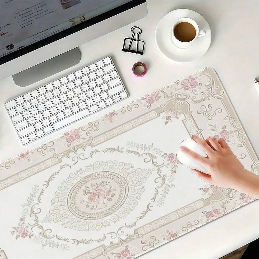 1pc French Vintage Floral Mouse Pad, Soft Pink Texture Luxurious Style, Extra Large Stitched Edge Desk Mat For Office & Study - Rectangle - View 1