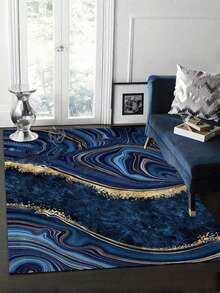 Luxury Faux Marble Print Area Rug, Machine-Washable, Non-Slip, Low-Pile Polyester, Suitable For Home And Office, Rectangular Rug Perfectly Fits Living Room, Bedroom, Study, And Holiday Decor - Blue And Gold, Available In Multiple Sizes - A - View 7