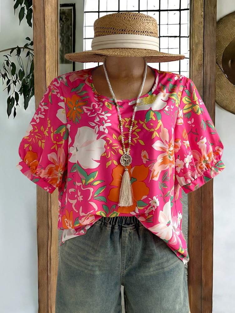 Plus Size Women Floral Print Short Petal Sleeve Casual Shirt