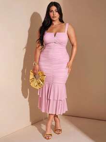 SHEIN BAE Plus Size Women's V-Neck Ruched Ruffle Hem Midi Bodycon Dress, Vacation Party Dress - Baby Pink - View 1