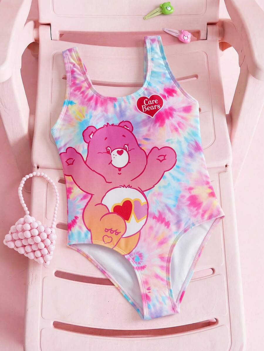 SHEIN X Care Bears 少女扎染小熊印花连体泳衣 - 彩色 - 查看 1
