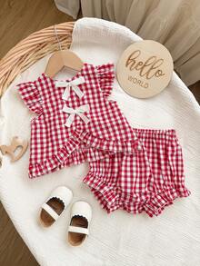 SHEIN 女婴夏季休闲可爱碎花撞色蝴蝶结装饰荷叶边袖口上衣和短裤套装 - 紅色 - 查看 5