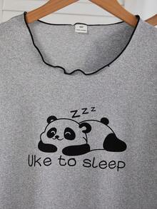Girls' Minimalist Cute Panda Print Short Sleeve Long Nightgown Pajama Set, White & Pink - Blue - View 3