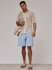 Musero Camicia a polo con bottoni e lavorazione a maglia traforata, a maniche corte, essenziale per la primavera/estate, ideale per vacanze e spiaggia - Albicocca - Visualizzare 5