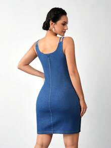 Flexra Đầm denim ôm sát người với dây đeo mảnh, chất liệu dệt kim co giãn, thích hợp cho mùa hè. - Màu xanh lam - Xem 4