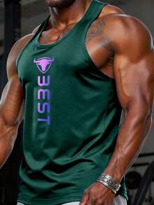GymBeat Men's Letter Print Casual Fitness Sports Tank Top - Green - View 3