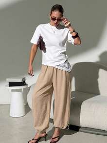 Lavishia Women's Casual Balloon Pants, Comfortable & Versatile Coffee Color Long Pants, Spring/Summer - Khaki - View 6