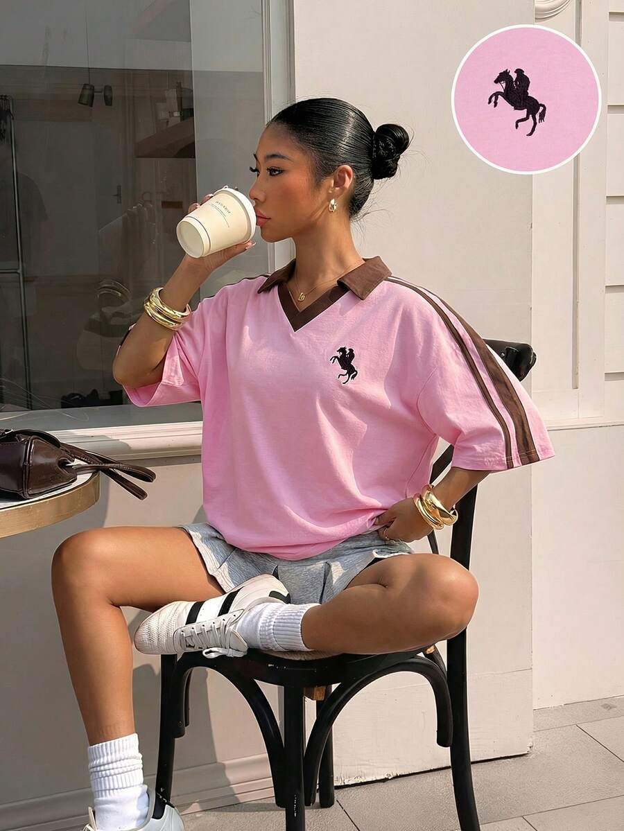 Muchica 女士撞色刺绣Polo衫 - 淺粉色 - 查看 1