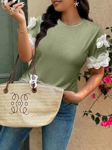 SHEIN Clasi Camiseta casual de talla grande con volantes y detalles de color contrastante - Fresh Green - Ver 1