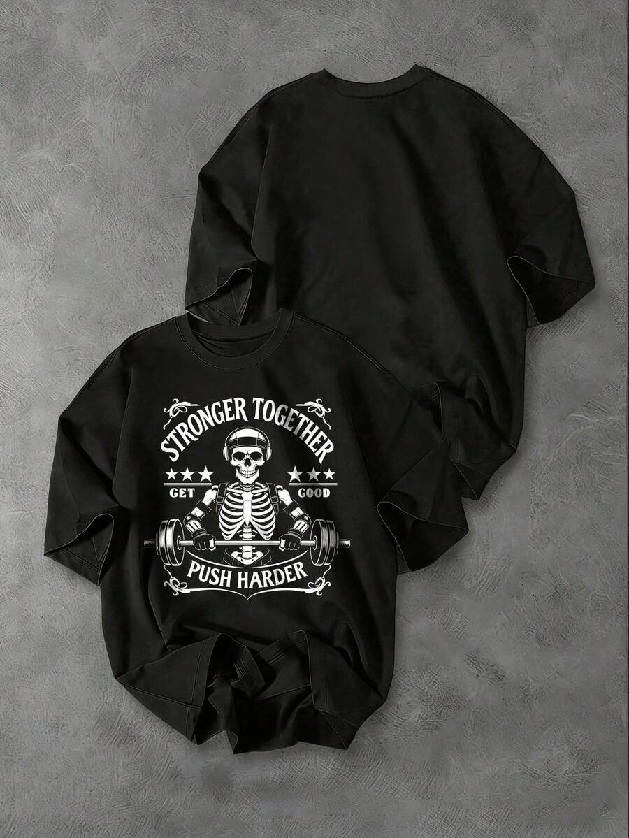 Sport MetroGents 男士休闲骷髅印花圆领短袖运动T恤，夏季 - 黑色 - 查看 1