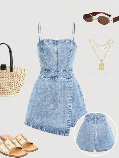 SHEIN Girlism Teen Girls Adjustable Strap Fitted Romper Denim Jumpsuit Jeans Skort With Asymmetrical Hem,Summer Outfits For Teen Girls,Spring Jumpsuits For Women,St Patrick Day Outfit,Concert Outfit Kids,Rave Outfits Festival,Jumpsuits For Girls Elegant,Ibiza Outfits,Kids Back To School Fall Clothes
