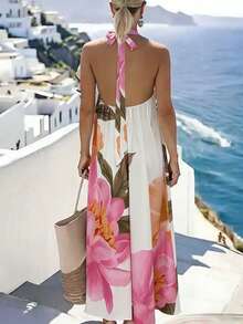 SHEIN Holidaya Váy xếp ly in hoa - trắng - Xem 2