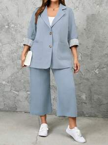EMERY ROSE 2pcs Plus Size Striped Cuff Long Sleeve Top And Pants Set Fall - Dusty Blue - View 6