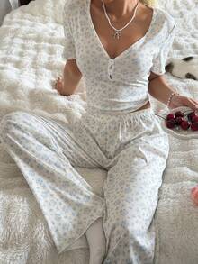 CottageSlumber Romantic Floral V-Neck Button-Down Short Sleeve Knit Pajama Set For Women - Beige - View 6