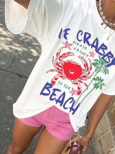 EMERY ROSE Áo thun nữ mùa hè, áo kiểu "Nếu khó tính thì hãy quay lại bãi biển", áo thun kỳ nghỉ xuân, áo hình cua, áo thun in hình mùa hè, áo thun phong cách hàng hải, áo thun hài hước.