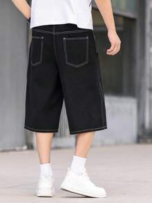 Manfinity EMRG 男士牛仔阔腿印花拼接短裤 - 黑色 - 查看 2