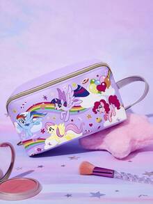 My Little Pony X SHEIN 1 件装卡通印花大容量扁平可展开 PU 皮革化妆包，多功能收纳包，小物件收纳包，旅行收纳包，数码收纳包，适合日常携带小物件、旅行、工作、化妆或学习，适合女性和学生，彩虹小马、暮光闪闪、柔柔、碧琪 - 紫色 - 查看 3