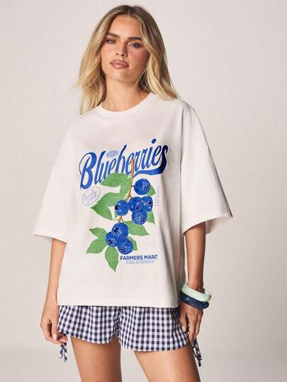 MISSGUIDED Blueberries Graphic Print Oversized T-Shirt With Crew Neck Short Sleeves Summer Casual Fruit Farmers Market California Top