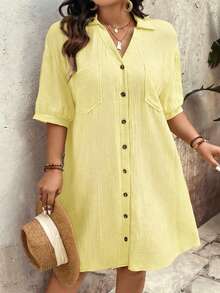 Breezaya Plus Size Button Up Pocket Solid Color Dress - Mustard Yellow - View 3
