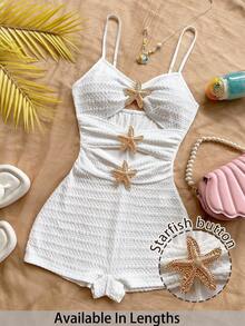 SHEIN PETITE CURVE Bộ áo liền quần mùa hè dáng rộng cho nữ, họa tiết sao biển rỗng, màu trắng, thích hợp đi biển. - trắng - Xem 1