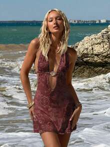 SHEIN ICON 女士花卉印花金属装饰露背性感迷你连衣裙，适合度假 - 彩色 - 查看 4