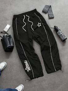Sport MetroGents Pantalones deportivos para hombre con ribete de contraste e impresión de letras, para gimnasio - Negro - Ver 3