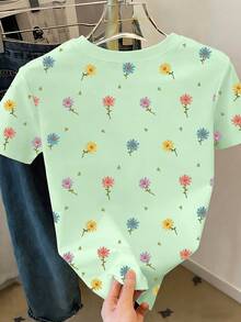 Resyla Floral Print Short Sleeve T-Shirt, Summer T-Shirt, Refreshing Ladies Top, Aesthetic Tee - Multicolor - View 2