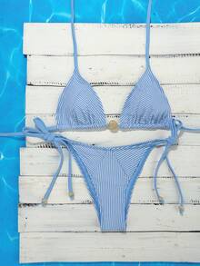 Swim Mod Sexig bikini med triangeltrosor och randig baddräkt för kvinnor i sommarstil - Blått och Vitt - Visa 3