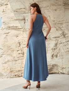 MOTF PREMIUM WOMEN'S CONTRAST COLOR DESIGN HALTER WAIST CINCHING SLIM DENIM DRESS, SPRING/SUMMER - Medium Wash - View 3