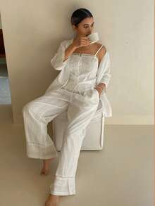 DAZY 3pcs Vacation Style Polka Dot Textured Fabric Women Pajama Set - White - View 3