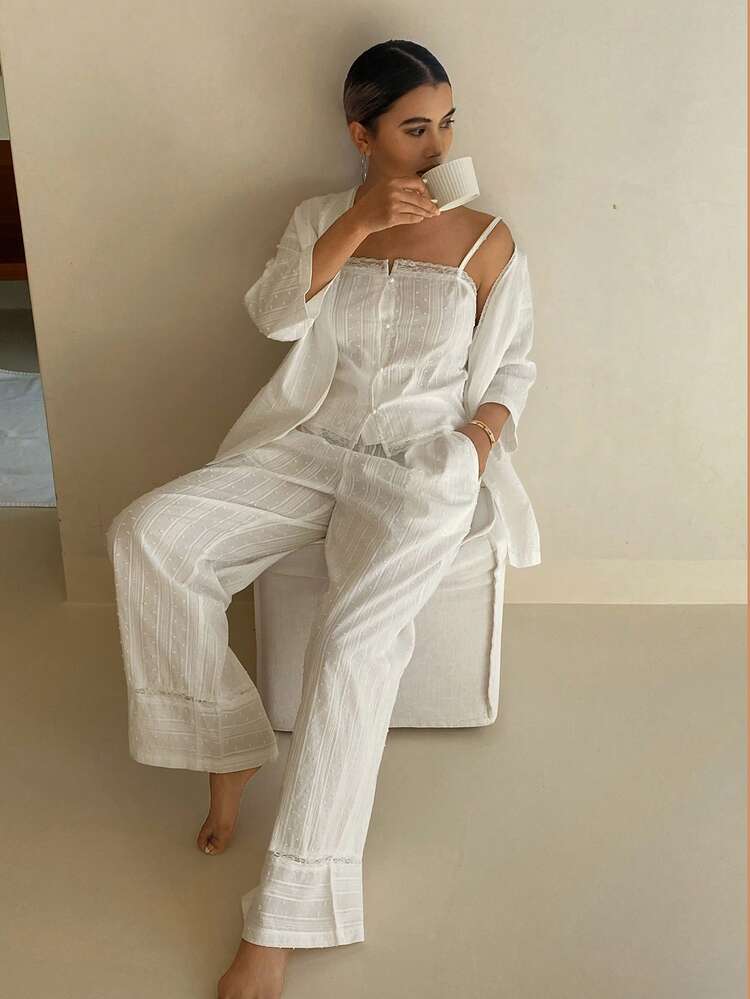 Tall Women's Textured Camisole And Loose Cardigan With Relaxed Fit Wide Leg Pants 2 Pieces Set