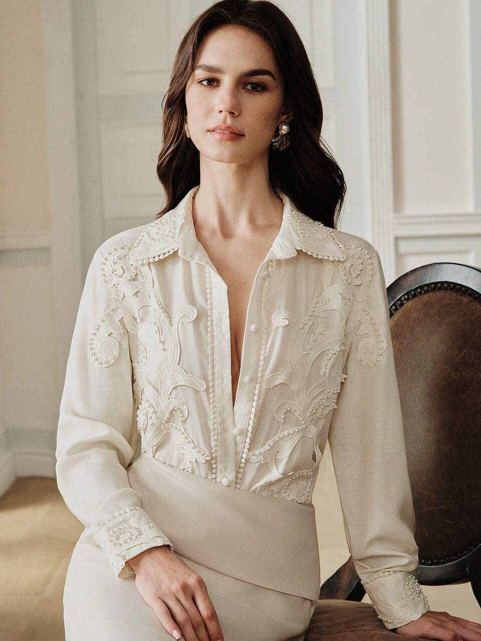 Anewsta Women's New Embroidered Long Sleeve Beige Elegant Luxurious Blouse, Spring/Summer