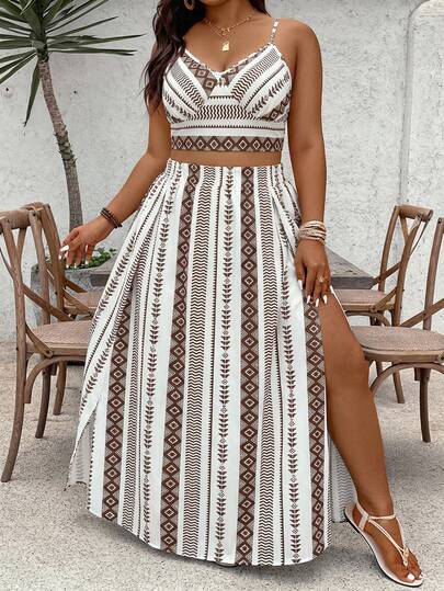 SHEIN VCAY Bohemian Striped Print Plus Size 2 Pieces Set, Suitable For Vacation And Party Outfits