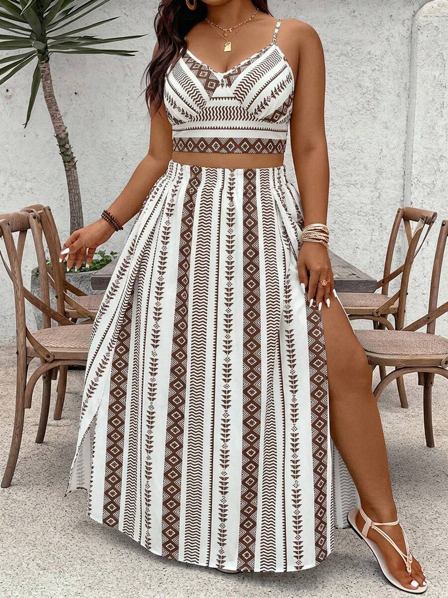 SHEIN VCAY Bộ đồ 2 món cỡ lớn in họa tiết sọc Bohemian, thích hợp cho kỳ nghỉ và tiệc tùng. - Nhiều màu - Xem 1