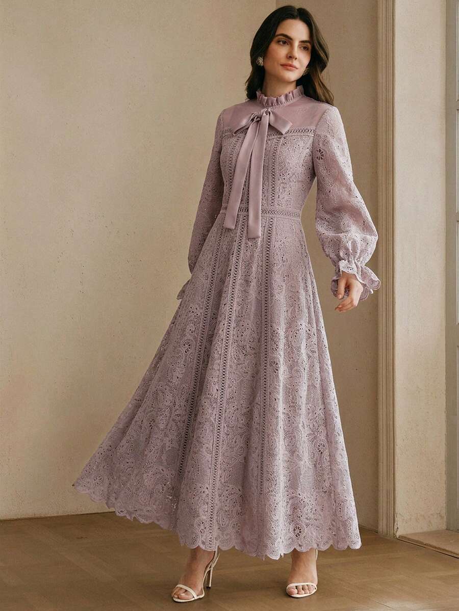 Anewsta Đầm dài tay màu xanh dương thanh lịch dành cho nữ, chất liệu vải tan trong nước, thêu họa tiết ghép mảnh, thắt eo, thích hợp cho mùa xuân và ngày Valentine. - Màu tím hoa cà - Xem 1