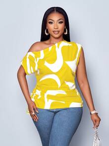 SOLERSUN Blusa asimétrica de hombro con cordón y fruncido lateral con estampado geométrico, talla grande para mujer, estampado aleatorio, blusa de un solo hombro - Amarillo - Ver 2