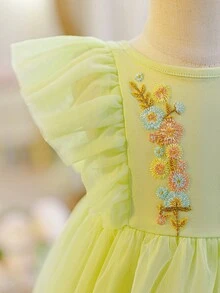 SHEIN Đầm ren lưới thêu hoa dễ thương và thanh lịch cho bé gái, viền bèo nhún. - màu xanh lá - Xem 5