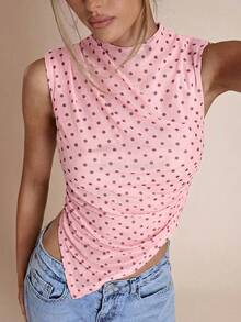 SHEIN BAE Áo tank top không tay cổ đứng chấm bi thời trang nữ, thích hợp mùa hè. - Màu Hồng baby - Xem 7