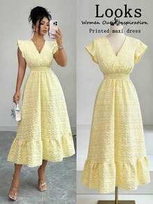 Elenzga 女士优雅纹理V领收腰A字长连衣裙，泡泡袖，浅黄色，春夏款 - 黃色 - 查看 1