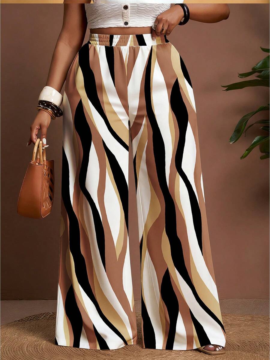 Veslaya Plus Size Women Elastic Waist Color Block Casual Loose Fit Wide Leg Pants, Versatile For Daily Wear Women Vacation Outfit Sets Wide Leg Pants Women High Waist Classy Coords Outfit For Women Palazzo Pants Women - Multicolor - View 1