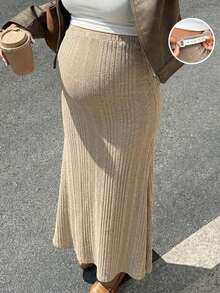 SHEIN Maternity Casual/Office Solid Color Mermaid Skirt - Khaki - View 1