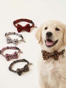 PETSIN 1件装柔软毛绒宠物项圈，可调节轻便，配有可爱豹纹蝴蝶结装饰铃铛吊坠，佩戴舒适，适合小型和中型犬猫日常佩戴、户外散步、度假、聚会、居家使用，易于佩戴。 - 彩色 - 查看 1