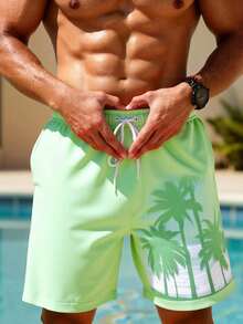 Manfinity Swimmode Quần short đi biển mùa hè dành cho nam, in hình cây cỏ, có túi xéo. - Màu xanh Bạc hà - Xem 6
