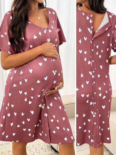 SHEIN 孕妇爱心印花纽扣短袖连衣裙