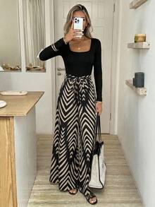 SHEIN LUNE Bộ áo liền quần màu đen, áo liền quần dài tay nữ màu trơn, phối họa tiết hình học, phong cách boho, thường ngày. - Nhiều màu - Xem 2