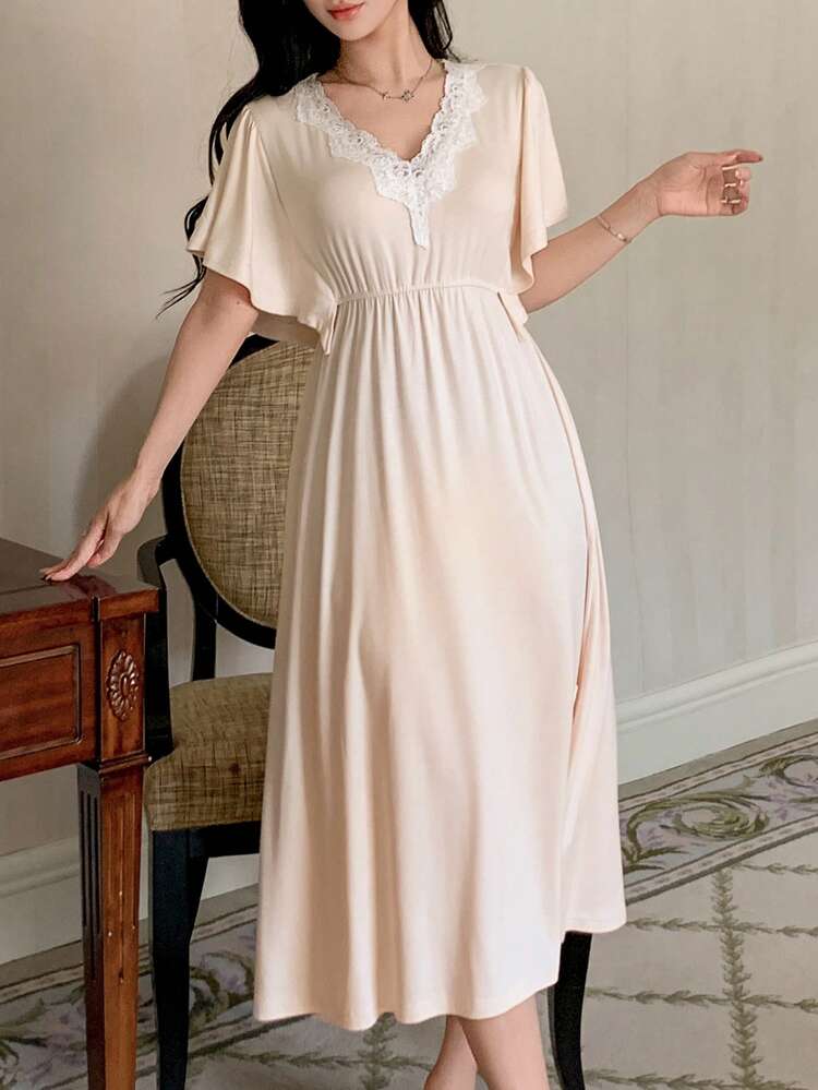 Elegant Lace Patchwork Soft Knit Waist-Cinched Mid-Length Women Nightgown, Summer