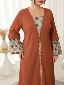 Al Najma Plus Size Women's Geometric Print Patchwork Arabic Style Modest Dress Ninang Wedding Black Summer - Orange - View 7