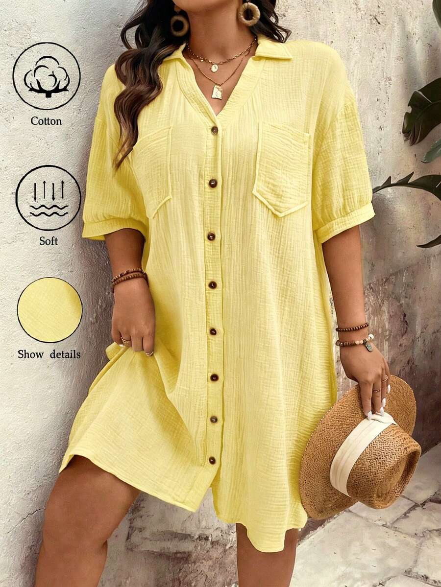 Breezaya Plus Size Button Up Pocket Solid Color Dress - Mustard Yellow - View 1
