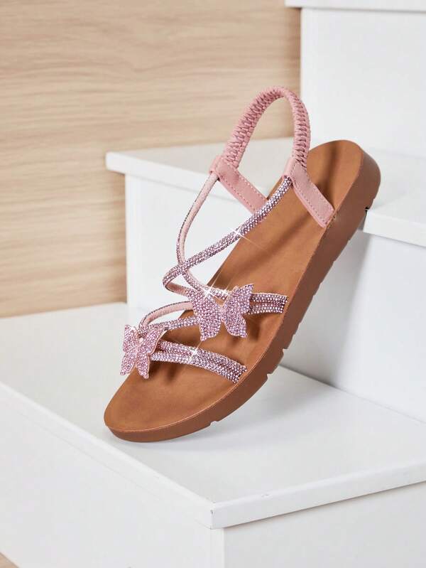 Mini mi #ButterflyBloom Girls' Rhinestone Butterfly Elastic Back Strap Pink Multi-Strap Sandals – Glittering Elegance, Easy To Wear & Comfy Fit.