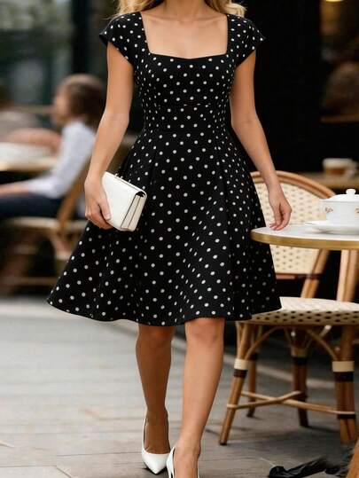 Ellegaria. Women's Elegant French 2026 Spring/Summer Vacation & Daily Polka Dot Square Collar A-Line Short Dress Black Polka Dot Dress Polkadot Dress 50s Style Dress Polka Dot Fabric Black Dress Retro Dress Dresses For Woman Pin Up Style Dress Work Dresses For Women Womens Work Clothes For The Office Work Outfits Women Polka Dot Dresses For Women